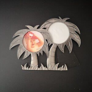 Pewter Tabletop Double Photo Frame in Shape of Palm Trees Holds 3"x 3" Photos
